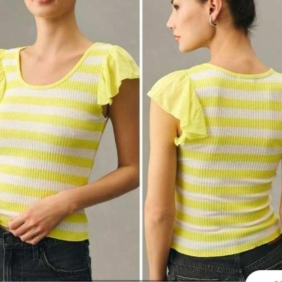 Anthropologie, T.La Yellow Stripe Flutter Sleeve Rib Knit Top Size Large - Picture 9 of 11